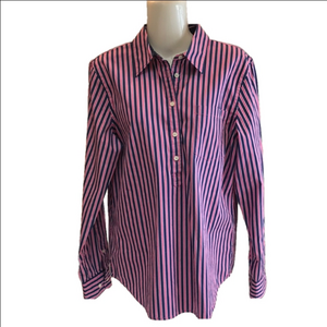 LRL NEW Pink and Blue Striped Button-up Women's Cotton Dress Shirt Preppy Luxe